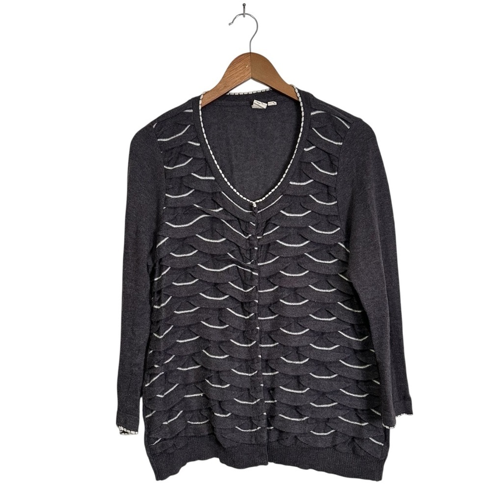 Anthropologie XL Yellow Bird Winter Waves Scalloped Gray White Trim Cardigan